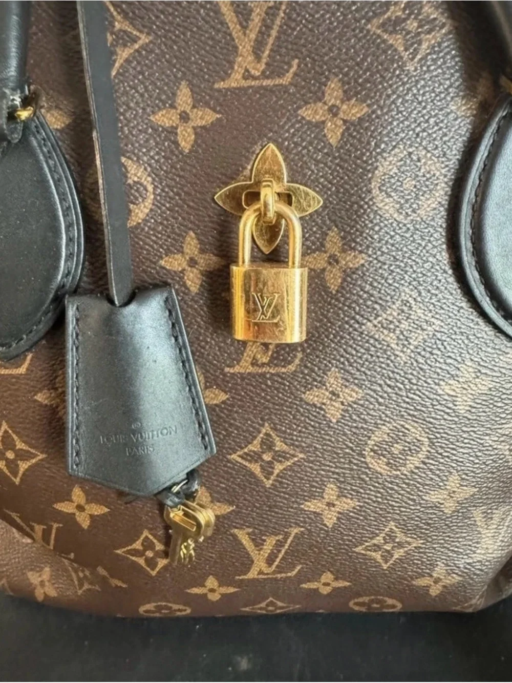 Louis Vuitton Monogram Canvas Shoulder Bag with Black Trim and Gold Hardware